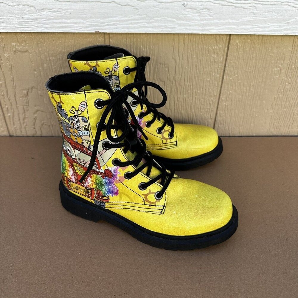 Yes We Vibe Combat Boots Yellow Travel Van Women’s Size 7 EU 38 Vegan Lace Up - Picture 1 of 10